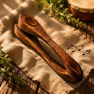 Op de afbeelding: Een paar houten clackers, met een diepe bruine kleur en een gepolijste afwerking. De clackers liggen op een bruin textiel, met muzieknoten op de achtergrond. Het ontwerp suggereert een focus op muziekinstrumenten.