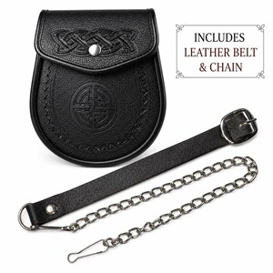 May include: Black leather sporran with Celtic knotwork on the flap and a circular embossed design. Includes a leather belt and chain. The sporran has a silver button closure and a decorative stitched border.