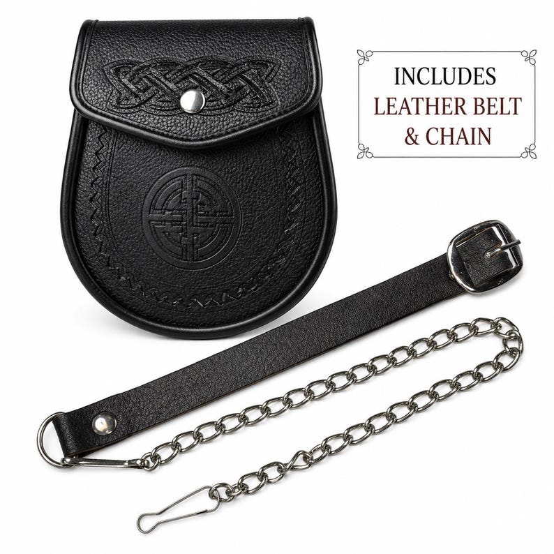 May include: Black leather sporran with Celtic knotwork on the flap and a circular embossed design. Includes a leather belt and chain. The sporran has a silver button closure and a decorative stitched border.