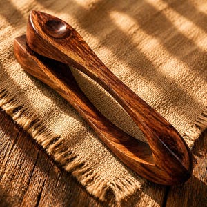Op de afbeelding: Een paar houten serveertangen, gemaakt van donkerbruin hout met zichtbare nerfpatronen. De tangen hebben een afgeronde handgreep en een lepelvormig uiteinde. Ze liggen op een textiel, beige stof, wat een rustieke of natuurlijke uitstraling suggereert. (ongeveer 20 cm)