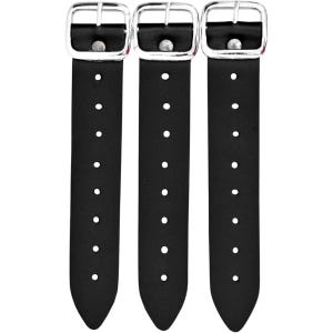 May include: Three black leather straps with silver-colored buckles. Each strap has a series of evenly spaced holes. The buckles are rectangular with a single bar for the strap to pass through.