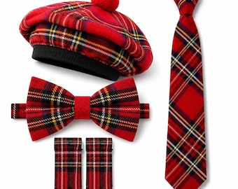 May include: A red tartan set comprising a tam hat with a red pom-pom and black trim, a bow tie, a necktie, and two matching rectangular fabric pieces with pointed ends. All items feature a consistent red, black, white, and yellow plaid pattern.