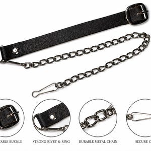 May include: Black leather belt with a silver metal chain and buckle. The belt features a secure clip and a strong rivet and ring. Close-ups show the adjustable buckle, rivet and ring, metal chain, and secure clip.