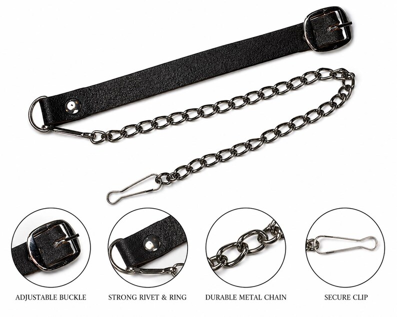 May include: Black leather belt with a silver metal chain and buckle. The belt features a secure clip and a strong rivet and ring. Close-ups show the adjustable buckle, rivet and ring, metal chain, and secure clip.