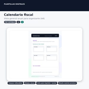 Puede incluir: Una plantilla digital de calendario fiscal con el título "Calendario fiscal" en un diseño limpio y moderno. La plantilla es editable en PDF y tamaño A4. Incluye campos rellenables, totales claros y un diseño neutro premium.