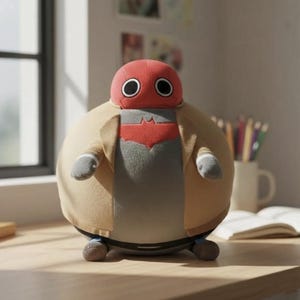 Op de afbeelding: Een rond pluche speelgoedfiguur met een rode kop en twee grote, zwart-witte ronde ogen. Het lichaam is grijs met een rood vleermuisvormig embleem op de borst, voorzien van een open beige jasje met korte mouwen en kleine grijze voetjes onderaan.