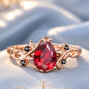 Unique Pear Cut Ruby Engagement Leaf  Ring, Dainty Nature Inspired Onyx Bridal Promise Ring, July Birthstone Gift For Her