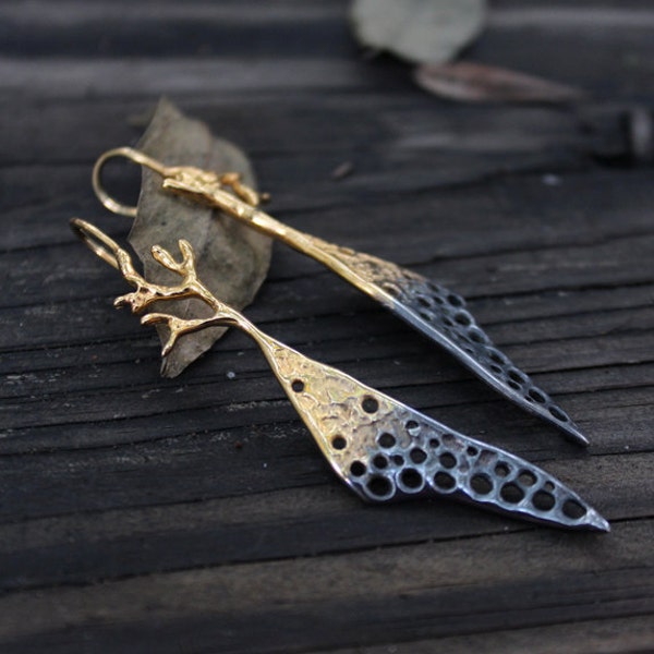 Ombre Gold & oxidized silver earrings- 24k Goldplated Sterling Silver, nature inspired, drop earring