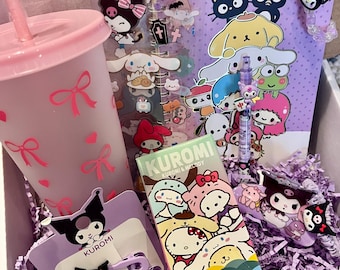 Kuromi, San Rio Family Gift Box themed items a notebook, bracelet, stickers, pen, scrunchie, claw clip, hair clip, cup/straw, blind bag