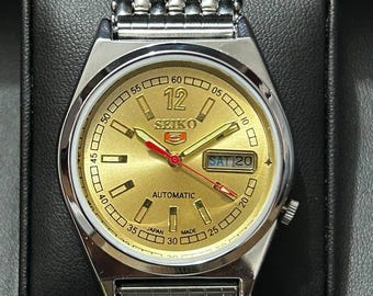 Reloj de pulsera clásico automático Seiko 5 Call 7009, fabricado en Japón, color dorado, estilo vintage restaurado.