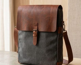 canvas messenger bag | leather backpack men | 15 inches waxed canvas briefcase
