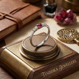 May include: A silver ring featuring a central red gemstone, flanked by smaller white gemstones. The ring is displayed on a brown and gold jewelry box with the text "Tanishka Jewellers". The setting includes a leather-bound book and decorative items.
