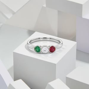 Three Stone Emerald, Diamond, Ruby Ring, Sterling Silver Bezel Setting