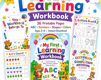 Kids Learning Workbook Printable PDF, Preschool Worksheets, ABC Tracing, Numbers Shapes Colors, Toddler Kindergarten Activity Book