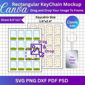 Może przedstawiać: Makieta prostokątnego breloka do kluczy z tekstem "Rectangular KeyChain Mockup" i "Drag and Drop Your Image To Frame". Rozmiar breloka to 4,06 cm x 6,10 cm. Rozmiar arkusza to 21,59 cm x 27,94 cm. Zawiera tekst "You Design Here".