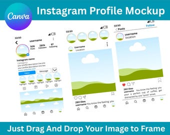 May include: A digital mockup showcasing Instagram profile and post layouts. The design features a blue and green color scheme with the text "Instagram Profile Mockup" and "Just Drag And Drop Your Image to Frame". The mockups include profile and post elements.