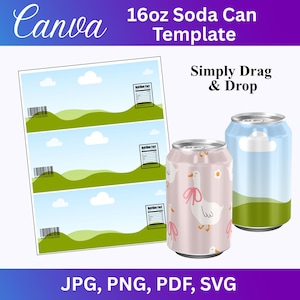 Pode incluir: Um modelo Canva para latas de refrigerante de 473 ml. A imagem mostra uma folha de etiquetas com um design de paisagem e duas latas de refrigerante, uma rosa com um padrão de ganso e a outra azul com um design de céu. O texto inclui "Simply Drag & Drop" e opções de tipo de arquivo.