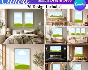 20X Canvas Mockup Canva Template Bundle, Boho Wall Art Frame Mockups, Editable Drag & Drop Interior Mockups, Digital Download