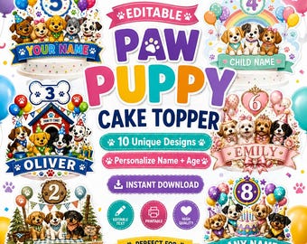 Editable Paw Puppy Birthday Cake Topper Template, Printable Dog Party Decor, Personalized Name Age, Instant Download
