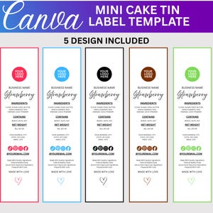 May include: A Canva template for mini cake tin labels. The design includes five label variations with different color schemes: red, blue, black, brown, and green. Each label features space for a logo, business name, and product information.