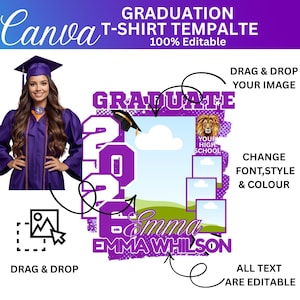 Op de afbeelding: Een Canva afstudeer t-shirt sjabloon met een paars en wit ontwerp. De sjabloon bevat ruimte voor een foto, de naam van de afgestudeerde en het jaar 2022. De tekst "GRADUATE" is prominent aanwezig.
