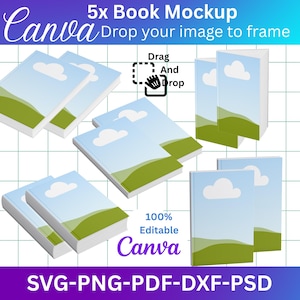May include: A mockup featuring several books with light blue covers, green landscape, and white clouds. The text "5x Book Mockup" and "Drop your image to frame" are displayed. The Canva logo and text "100% Editable Canva" are also visible.