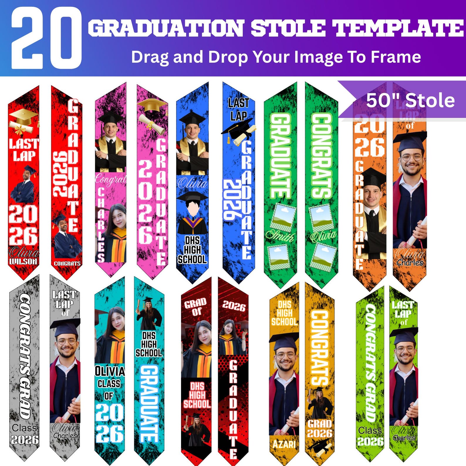 20x Graduation Stole Canva Editable Template Bundle, Graduation Sash ...