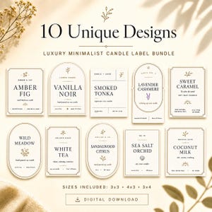 May include: A digital download bundle of 10 candle labels featuring various shapes and black text on a cream background. The labels include names like Amber Fig, Vanilla Noir, Smoked Tonka, Lavender Cashmere, Sweet Caramel, Wild Meadow, White Tea, Sandalwood Citrus, Sea Salt Orchid, and Coconut Milk.