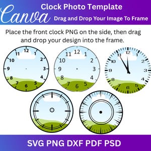 Könnte beinhalten: Eine digitale Uhr-Fotovorlage mit fünf Zifferblättern. Die Zifferblätter haben ein blaues Himmel- und grünes Gras-Design. Der Text "Clock Photo Template" und "Drag and Drop Your Image To Frame" stehen oben. Der Text unten lautet "SVG PNG DXF PDF PSD".