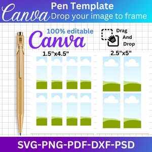 Könnte beinhalten: Ein goldener Stift neben einem Canva-Stift-Vorlagendesign. Die Vorlage enthält zwei Sätze rechteckiger Designs mit den Abmessungen 3,8 cm x 11,4 cm und 6,4 cm x 12,7 cm. Das Design enthält den Text "Canva", "Drop your image to frame" und "100% editable".