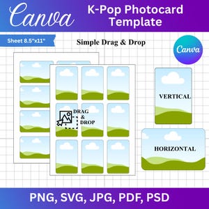 May include: A K-Pop Photocard Template for Canva featuring a grid layout on an 8.5"x11" sheet. The design includes multiple vertical and horizontal placeholders with a landscape graphic, drag and drop functionality, and text labels for PNG, SVG, JPG, PDF, and PSD file formats.