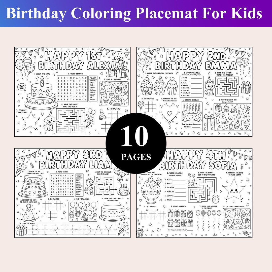 Birthday Coloring Placemat for Kids, Personalized Kids Activity ...
