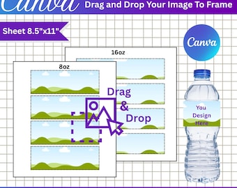 Water Bottle Mockup Bundle, 8oz & 16oz, Canva Frame (Digital Download)