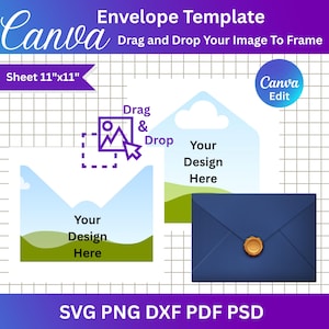 May include: An envelope template design with the Canva logo and the text "Envelope Template". The design includes a blue envelope with a gold seal, and the text "Sheet 27.94cm x 27.94cm". The design also includes the text "Drag & Drop Your Image To Frame".