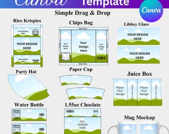 12x Party Favor Template Bundle | Editable Canva Chip Bag, Capri Sun, Rice Krispies Wraps | Digital Download Set