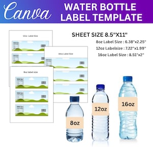 May include: A template for water bottle labels, with sizes for 8oz, 12oz, and 16oz bottles. The image includes label designs, bottle examples, and sheet size information in inches.