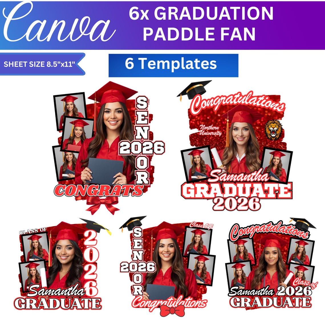 Red Graduation Fan Canva Editable Template, Custom Graduation Paddle ...