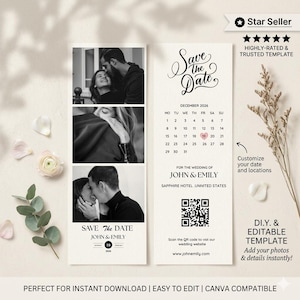 Vintage Photobooth Photo Strip Save the Date Magnet: DIY Canva Template Digital Download