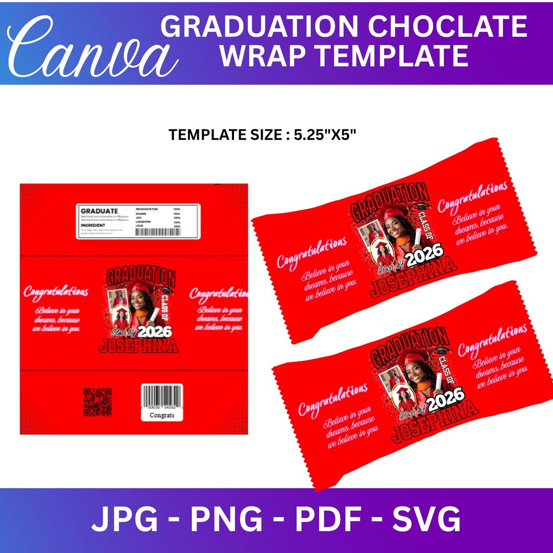 1.55oz Graduation Chocolate Bar Wrapper Template Canva Editable, Class ...