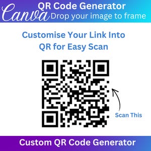 May include: A white graphic with a QR code and the text "QR Code Generator" and "Drop your image to frame". The text "Customise Your Link Into QR for Easy Scan" is also present, along with "Scan This". The Canva logo is visible.