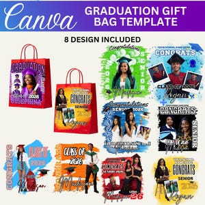 08 Graduation Gift Bags Templates BUNDLE, Editable Graduation Designs, Class Of 2026, Senior High School Gift Bags, Congrats 2026 Grad
