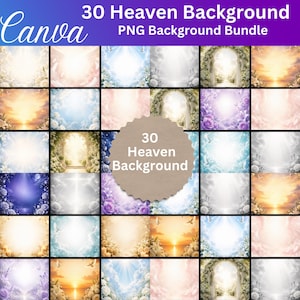 May include: A collection of 30 digital backgrounds with heavenly themes. The images feature soft colors, including blues, pinks, and golds, with elements like clouds, light rays, and floral arches. The Canva logo is visible in the top left corner.