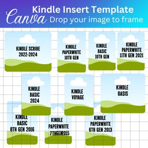 May include: A digital graphic template for Kindle devices, featuring various models like Kindle Scribe, Paperwhite, and Basic. Each model is labeled with its generation and year, set against a sky and landscape design. The Canva logo is visible.
