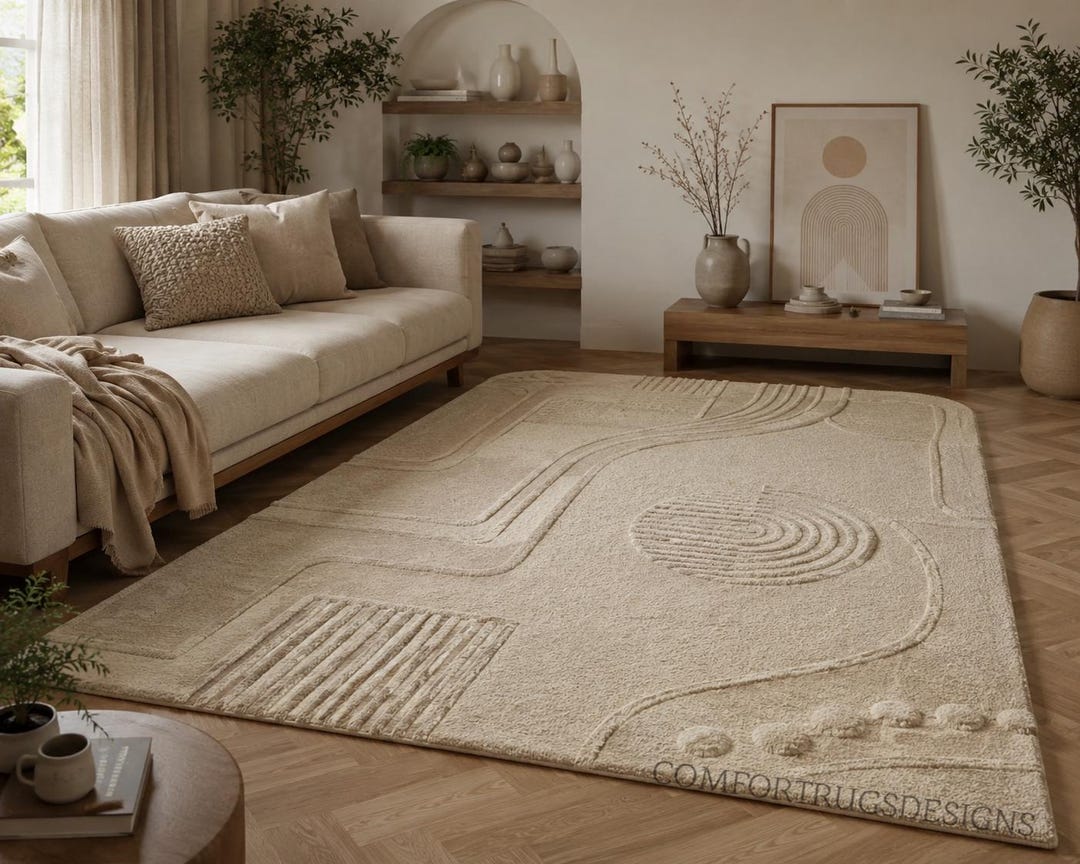 Hand-tufted New Zealand Wool Rug | Beige Abstract Geometric Carpet - Etsy