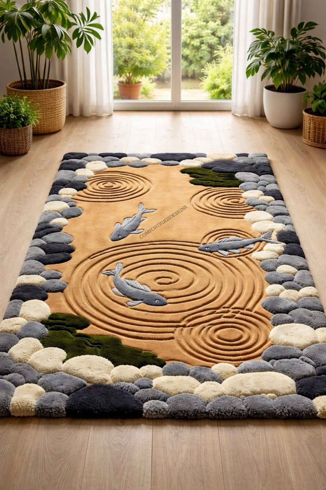 Koi Fish Zen Garden Rug | Minimalist Japanese Pond Carpet | Textured ...