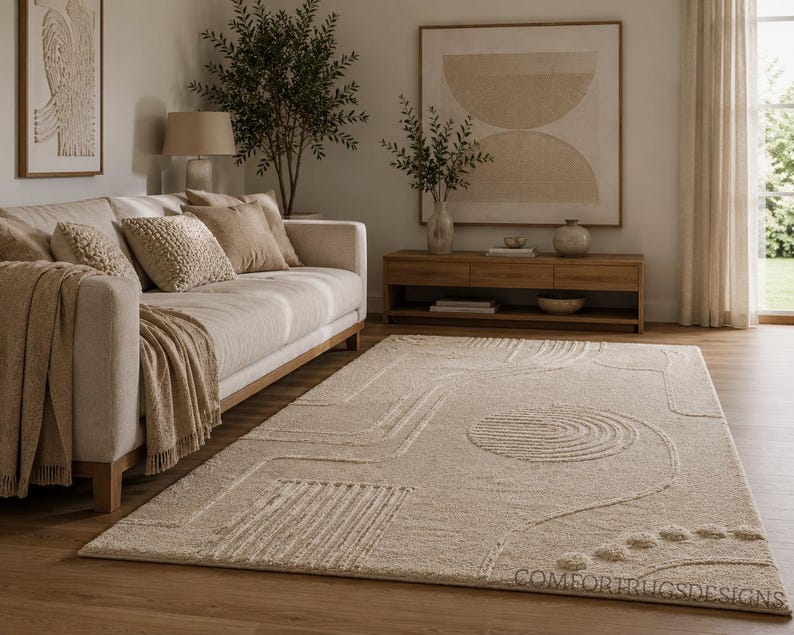 Hand-tufted New Zealand Wool Rug | Beige Abstract Geometric Carpet - Etsy