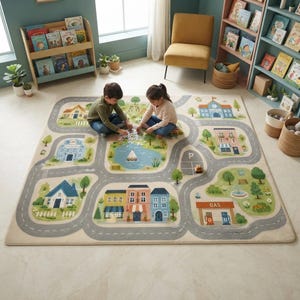 May include: A large rectangular area rug featuring a printed town map design with winding gray roads, green park spaces, a blue lake with a sailboat, and various buildings including houses, a school, and a gas station on a light beige background.