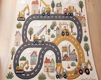 Hand Tufted Wool Construction Play Rug | Excavator, Dump Truck, Road Mat