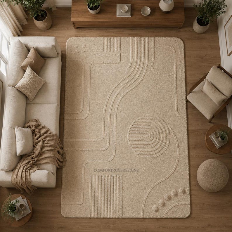 Hand-tufted New Zealand Wool Rug | Beige Abstract Geometric Carpet - Etsy
