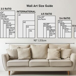 May include: Wall art size guide with dimensions in inches and centimeters. Displays various aspect ratios, including 2:3, 4:5, 3:4, and 11:14, with sizes like 24x36 inches (61x91cm) and 8x10 inches (20x25cm). A sofa is in the foreground.